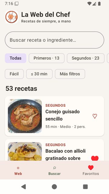 Pantalla principal de la app: buscador, categorías y listado de recetas con foto